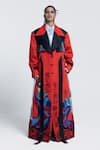 Buy_Pocketful Of Cherrie_Orange Twill Printed Kimono Lady Notched Lapel Edo Muse Embroidered Trench Coat _at_Aza_Fashions