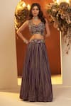 Buy_BAIDEHI_Purple Chinon Georgette Digital Print Bandhani Blouse Lehenga Set With Cape _Online_at_Aza_Fashions