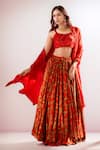 Buy_PAC FASHION CLOTHING_Red Lehenga Dutch Satin Embroidered Cutdana Floral Print Pleated Set _at_Aza_Fashions