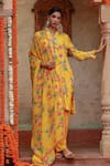 Buy_Gazab by Miku Kumar_Yellow Muslin Printed Floral Band Collar Ati Kurta Set _at_Aza_Fashions