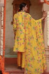 Shop_Gazab by Miku Kumar_Yellow Muslin Printed Floral Band Collar Ati Kurta Set _at_Aza_Fashions