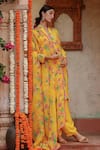 Gazab by Miku Kumar_Yellow Muslin Printed Floral Band Collar Ati Kurta Set _Online_at_Aza_Fashions