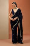 Buy_Esha Koul_Blue Semi Crepe Embroidered Sequin Plunging V Velvet Saree With Blouse _at_Aza_Fashions