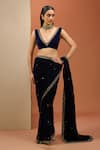 Buy_Esha Koul_Blue Semi Crepe Embroidered Sequin Plunging V Velvet Saree With Blouse _Online_at_Aza_Fashions