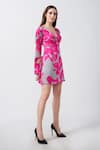 House of Varada_Grey Modal Satin Print Floral V-neck Bell Sleeve Dress _Online_at_Aza_Fashions