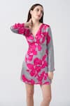 Buy_House of Varada_Grey Modal Satin Print Floral V-neck Bell Sleeve Dress _Online_at_Aza_Fashions