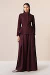 Buy_AMPM_Burgundy Wool Embroidered Cut-work Medha Scallop Hem Peplum Jacket With Palazzo _at_Aza_Fashions