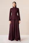 Buy_AMPM_Burgundy Wool Embroidered Cut-work Medha Scallop Hem Peplum Jacket With Palazzo _Online_at_Aza_Fashions