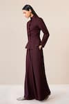 AMPM_Burgundy Wool Embroidered Cut-work Medha Scallop Hem Peplum Jacket With Palazzo _at_Aza_Fashions