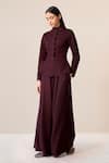 Buy_AMPM_Burgundy Wool Embroidered Cut-work Medha Scallop Hem Peplum Jacket With Palazzo 