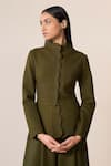 AMPM_Green Wool Embroidered Cut-work Mock Neck Medha Scallop Hem Jacket With Palazzo _at_Aza_Fashions