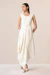 AMPM_Ivory Wool Embroidered Cut-work Dress Round Seba Asymmetric With Jacket _at_Aza_Fashions