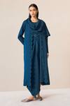 Buy_AMPM_Blue Wool Embroidered Cut-work Dress Round Seba Asymmetric Draped With Jacket _at_Aza_Fashions