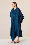 Shop_AMPM_Blue Wool Embroidered Cut-work Dress Round Seba Asymmetric Draped With Jacket _Online_at_Aza_Fashions