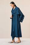 AMPM_Blue Wool Embroidered Cut-work Dress Round Seba Asymmetric Draped With Jacket _at_Aza_Fashions