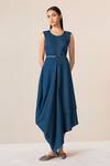 Buy_AMPM_Blue Wool Embroidered Cut-work Dress Round Seba Asymmetric Draped With Jacket 