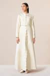 AMPM_Ivory Wool Embroidered Paan Mock Neck Nahid Scallop Placket With Belt _Online_at_Aza_Fashions