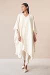 Buy_AMPM_Ivory Wool Embroidered Cut-work Open Alea Scallop Hem Cape _at_Aza_Fashions