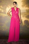 Buy_ZWAAN_Pink Georgette Lining Shantung Glittery Striped Damyanti Cowl Draped Jumpsuit _at_Aza_Fashions