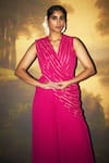 ZWAAN_Pink Georgette Lining Shantung Glittery Striped Damyanti Cowl Draped Jumpsuit _Online_at_Aza_Fashions