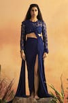 ZWAAN_Blue Net And Jersey Lining Lycra Embroidery Kaveri Sheer Top With Draped Skirt _Online_at_Aza_Fashions