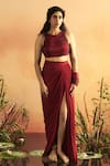 Buy_ZWAAN_Red Top Lining Satin Draped Skirt Tabby Silk Maya Strand With Cowl _at_Aza_Fashions