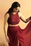 Buy_ZWAAN_Red Top Lining Satin Draped Skirt Tabby Silk Maya Strand With Cowl _Online_at_Aza_Fashions