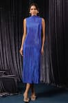 Buy_B'Infinite_Blue Sequenced Lycra Plain Pleated High Neck Midi Dress For Kids_at_Aza_Fashions