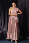 B'Infinite_Pink Satin Plain Pleated Classic Metallic One-shoulder Gown For Kids_Online_at_Aza_Fashions