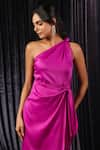 Shop_B'Infinite_Fuchsia Velvet Plain Knot One Shoulder Dress For Kids_Online_at_Aza_Fashions