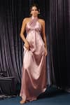 B'Infinite_Pink Velvet Plain Draped Asymmetrical Gown For Kids_Online_at_Aza_Fashions