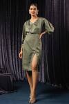 Buy_B'Infinite_Green Velvet Plain Draped Slit Midi Dress For Kids_at_Aza_Fashions