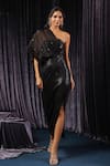 Buy_B'Infinite_Black Pleated Lycra Crush Embroidered Eclipse Dazzling Drape Off Shoulder Gown For Kids_at_Aza_Fashions