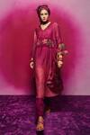 CAPISVIRLEO_Fuchsia Chanderi, Silk Embroidery V-neck Zunaira Asymmetric Kurta Set _Online_at_Aza_Fashions