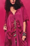 Shop_Capisvirleo_Fuchsia Silk Tassel V Neck Coco Solid Kaftan With Pant _Online_at_Aza_Fashions