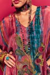 Shop_Capisvirleo_Peach Silk Embroidered Applique V Neck Anika Kaftan _Online_at_Aza_Fashions