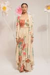 Buy_PREETI MEHTA_Cream 100% Viscose Printed Floral Square Cape And Draped Skirt Set _Online_at_Aza_Fashions