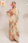 Buy_PREETI MEHTA_Cream 100% Viscose Printed Floral Square Cape And Draped Skirt Set _at_Aza_Fashions