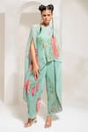 Buy_PREETI MEHTA_Green Lurex Chinon In 60% Printed Floral Boat Kaftan With Pant 