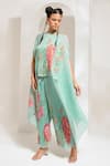 PREETI MEHTA_Green Lurex Chinon In 60% Printed Floral Boat Kaftan With Pant _Online_at_Aza_Fashions