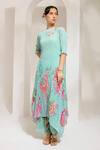 Buy_PREETI MEHTA_Green Georgette Viscose 60% Printed Floral Boat Pearl Work Kurta With Pant _Online_at_Aza_Fashions