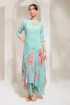 Buy_PREETI MEHTA_Green Georgette Viscose 60% Printed Floral Boat Pearl Work Kurta With Pant _at_Aza_Fashions