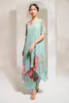 Shop_PREETI MEHTA_Green Georgette Viscose 60% Printed Floral Pearl Work Asymmetric Kurta With Pant _Online_at_Aza_Fashions