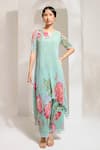 Buy_PREETI MEHTA_Green Georgette Viscose 60% Printed Floral Pearl Work Asymmetric Kurta With Pant _at_Aza_Fashions