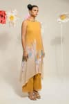 Shop_PREETI MEHTA_Yellow Georgette Viscose 60% Printed Floral Embroidered Neck Kurta With Pant 