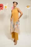 PREETI MEHTA_Yellow Georgette Viscose 60% Printed Floral Embroidered Neck Kurta With Pant _Online