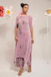 PREETI MEHTA_Pink Lurex Chinon In 60% And 40% Polyester Printed Lotus Boat Kurta With Pant _Online_at_Aza_Fashions