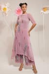 PREETI MEHTA_Pink Lurex Chinon In 60% And 40% Polyester Printed Lotus Boat Kurta With Pant _at_Aza_Fashions