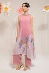 Buy_PREETI MEHTA_Pink Georgette Viscose 60% Printed Floral Beads Embroidered Neck Kurta With Pant 