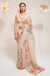 Buy_PREETI MEHTA_Ivory 100% Viscose Embroidered Stones Pleated Floral Print Saree With Blouse _at_Aza_Fashions